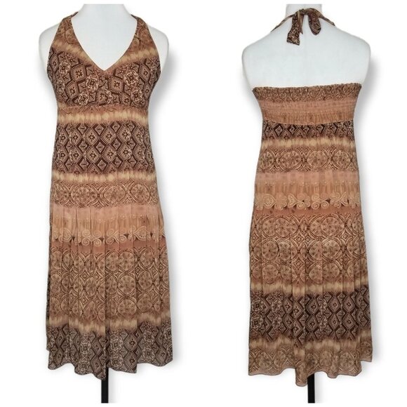 Earthy Brown Patterned Halter Dress Midi Length Smocked Nature Witch Fairy Core - Picture 1 of 9